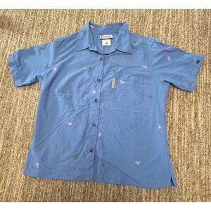 Columbia Stretch Womens Button Up Blue Embroidered Short Sleeve Shirt SZ L